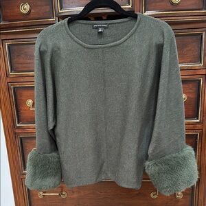 Saks Fifth Avenue Green Top with Faux Fur Cuffs